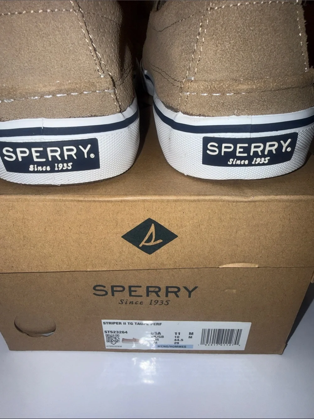 Sperry Men’s Tan Suede Slip-On Boat Shoes with Navy Insoles Size 11M UK/GB 10M